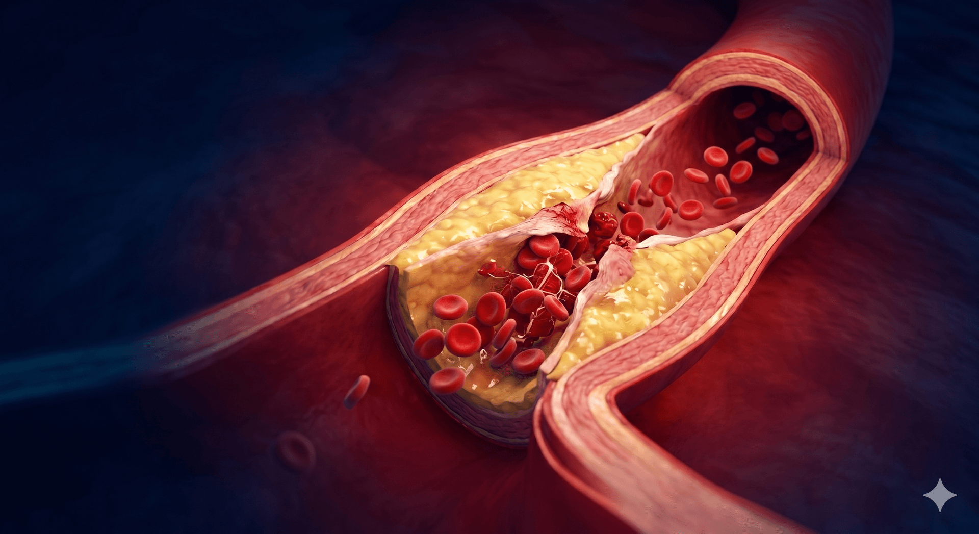 Medical illustration of coronary artery with plaque buildup
